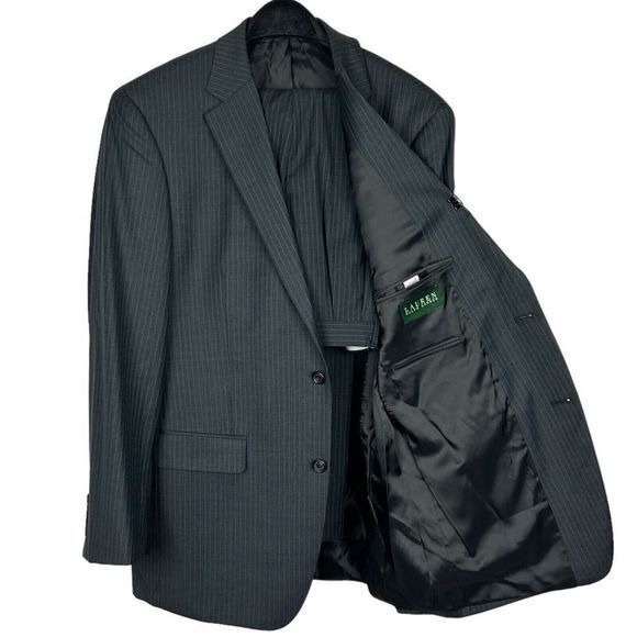 Ralph Lauren 42L 35x30 100% Wool Gray Striped 2B‎ Suit Jacket + Pleated Pants